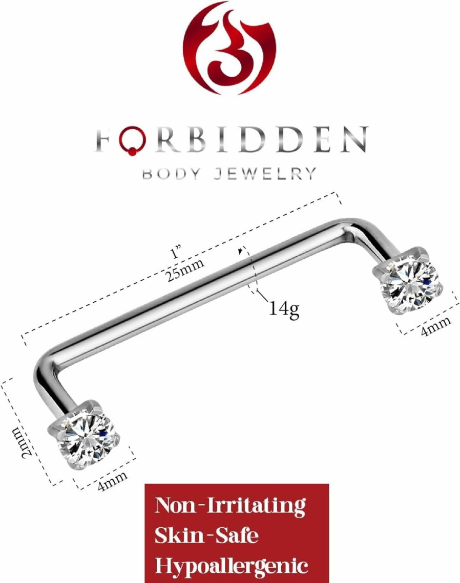 Forbidden Body Jewelry Forbidden Body Jewelry Surface Tragus Piercing Jewelry, Staple Surface Piercing Barbell, Surface Tragus Jewelry, 14G 16Mm, 19Mm, 22Mm, 25Mm Surgical Steel With Cz Crystal. | Body Piercing Barbells