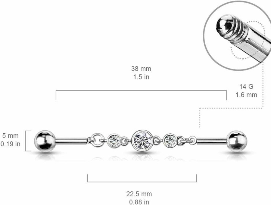 Amelia Fashion Amelia Fashion 14 Gauge Triple Round Cz Chain 316L Surgical Steel Industrial Barbell (Choose Color) | Body Piercing Barbells