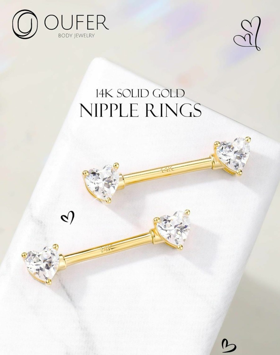 OUFER Oufer 2Pcs 14K Solid Gold Nipple Rings, Heart Nipple Piercing Jewelry, 14G Nipple Bars, Clear Cz Nipple Jewelry, Bridge Piercing Jewelry, Nipple Rings For Women Sexy | Body Piercing Barbells