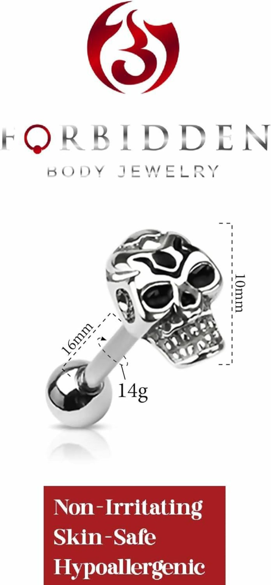 Forbidden Body Jewelry Forbidden Body Jewelry 14G 16Mm (5/8 Inch) Surgical Steel Skull Head Tongue Piercing Barbell | Body Piercing Barbells