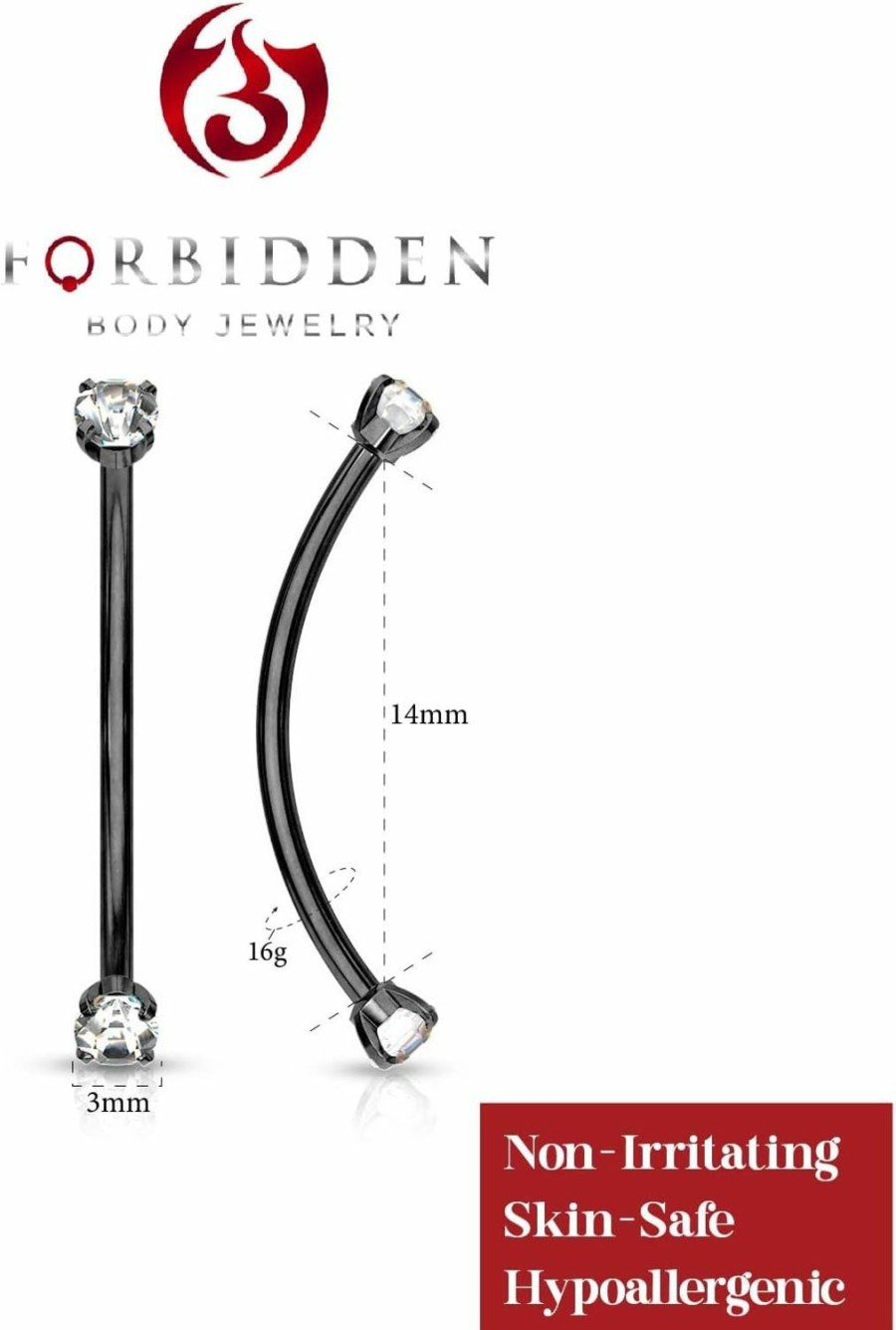 Forbidden Body Jewelry Forbidden Body Jewelry 16G 14Mm Surgical Steel Curved Barbell With 3Mm Cz Ends For Snake Eyes Tongue Piercing & More | Body Piercing Barbells