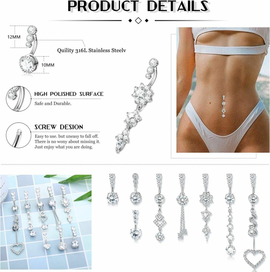 FIBO STEEL Fibo Steel 8 Pcs Dangle Belly Button Rings For Women 316L Stainless Steel Heart Clear Cz Barbell Belly Rings Piercing Tassel Dangle Reverse Curved Navel Barbell Body Jewelry 14G | Body Piercing Barbells