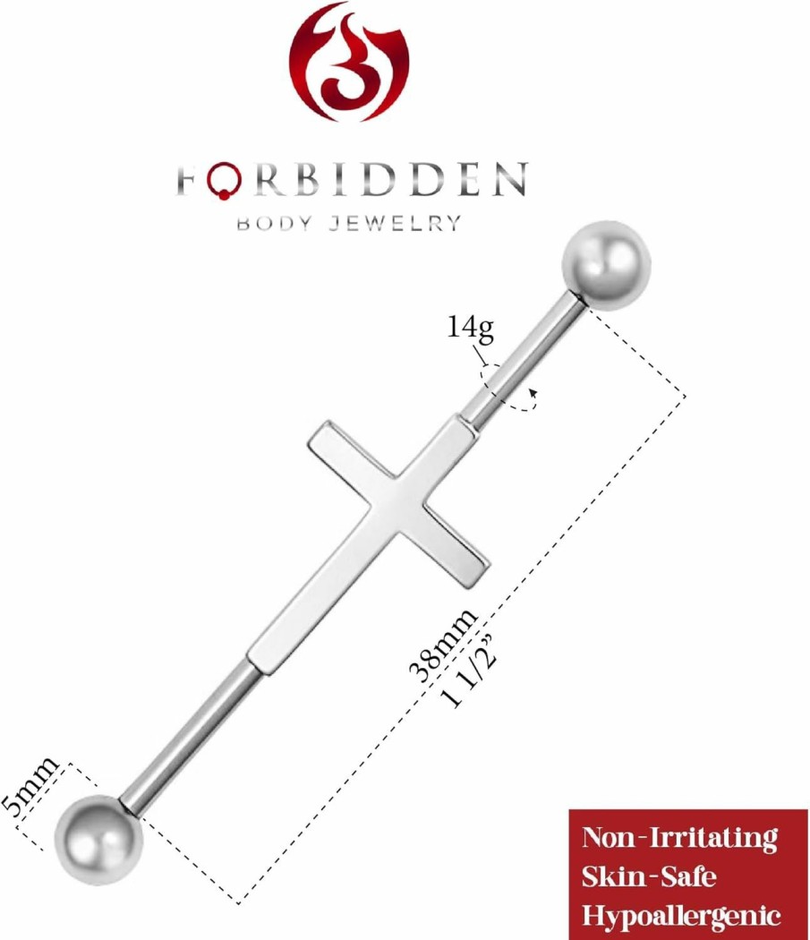 Forbidden Body Jewelry Forbidden Body Jewelry 14G 38Mm (1.5 Inch) Surgical Steel Sideways Cross Industrial Piercing Barbell | Body Piercing Barbells