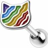 Pierced Owl Pierced Owl 16Ga Stainless Steel Rainbow Striped Cat Face Cartilage Barbell Earring | Body Piercing Barbells