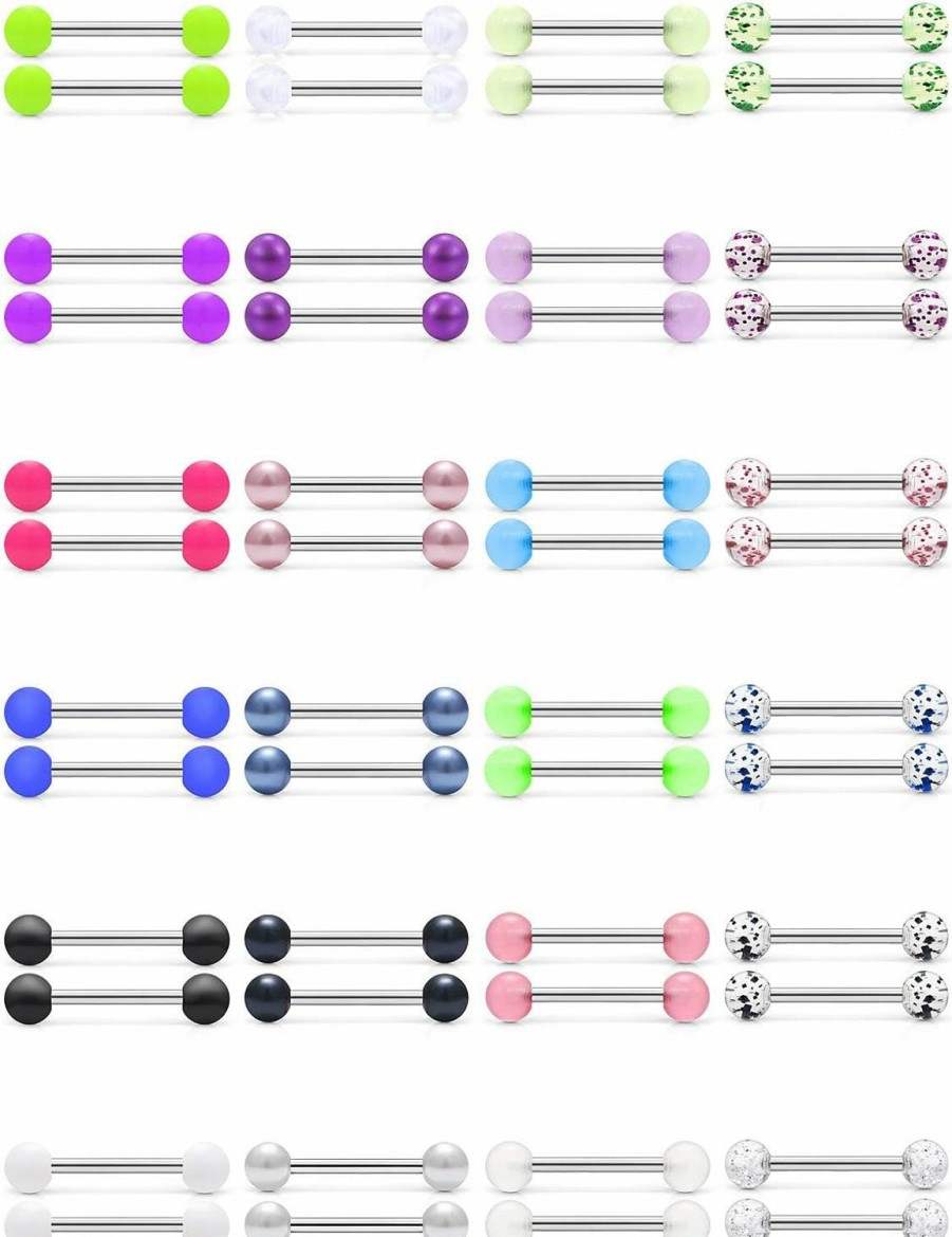 Cisyozi Cisyozi 14G Glow In Dark Tongue Nipple Rings 316L Surgical Steel Hypaollergenic Long Straight Barbells Pearl Nipplerings Rings Piercing Jewelry For Women Men 14Mm 16Mm 19Mm 22Mm Bar 24 Pairs | Body Piercing Barbells