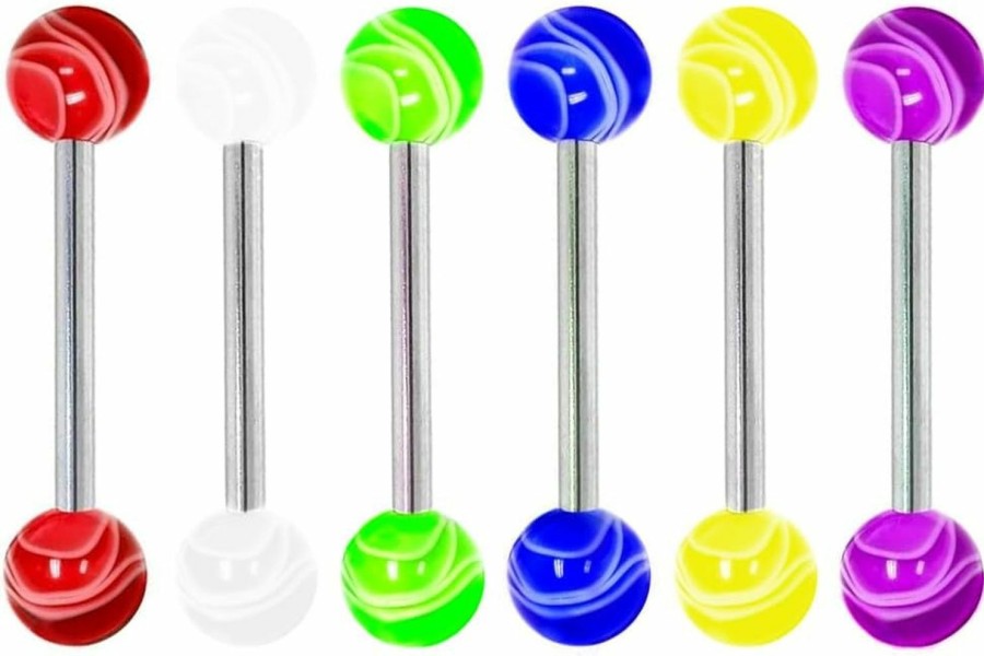 Heuvipens Heuvipens 6Pc Set Multi Color Marbling Acrylic Ball 14G Surgical Steel Bar Marble Barbell Tongue Ring Stud Piercing Jewelry | Body Piercing Barbells