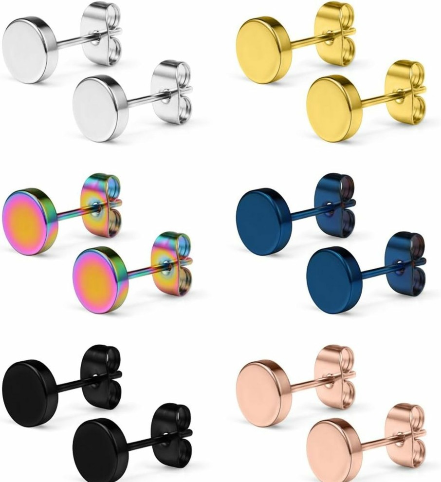 SCERRING Scerring 6 Pairs 20G Stainless Steel Flat Top Stud Earrings Set For Men Women Barbell Stud Earrings Same Sizes 3-8Mm | Body Piercing Barbells