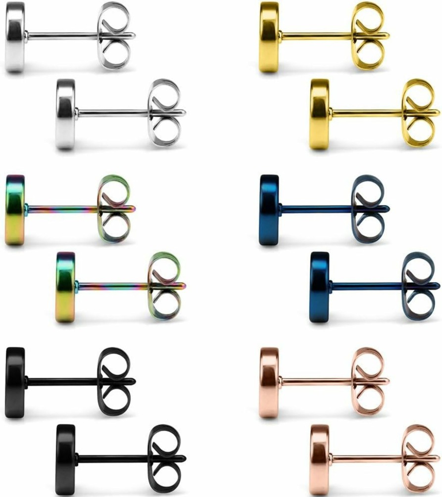 SCERRING Scerring 6 Pairs 20G Stainless Steel Flat Top Stud Earrings Set For Men Women Barbell Stud Earrings Same Sizes 3-8Mm | Body Piercing Barbells