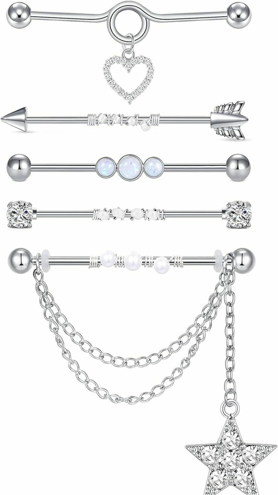 Briana Williams Briana Williams 14G Industrial Earrings Surgical Steel Heart Star Moon Dangle Industrial Piercing Jewelry 1 1/2 Inch 38Mm Industrial Bar Piercing Silver Industrial Barbell For Women Men | Body Piercing Barbells