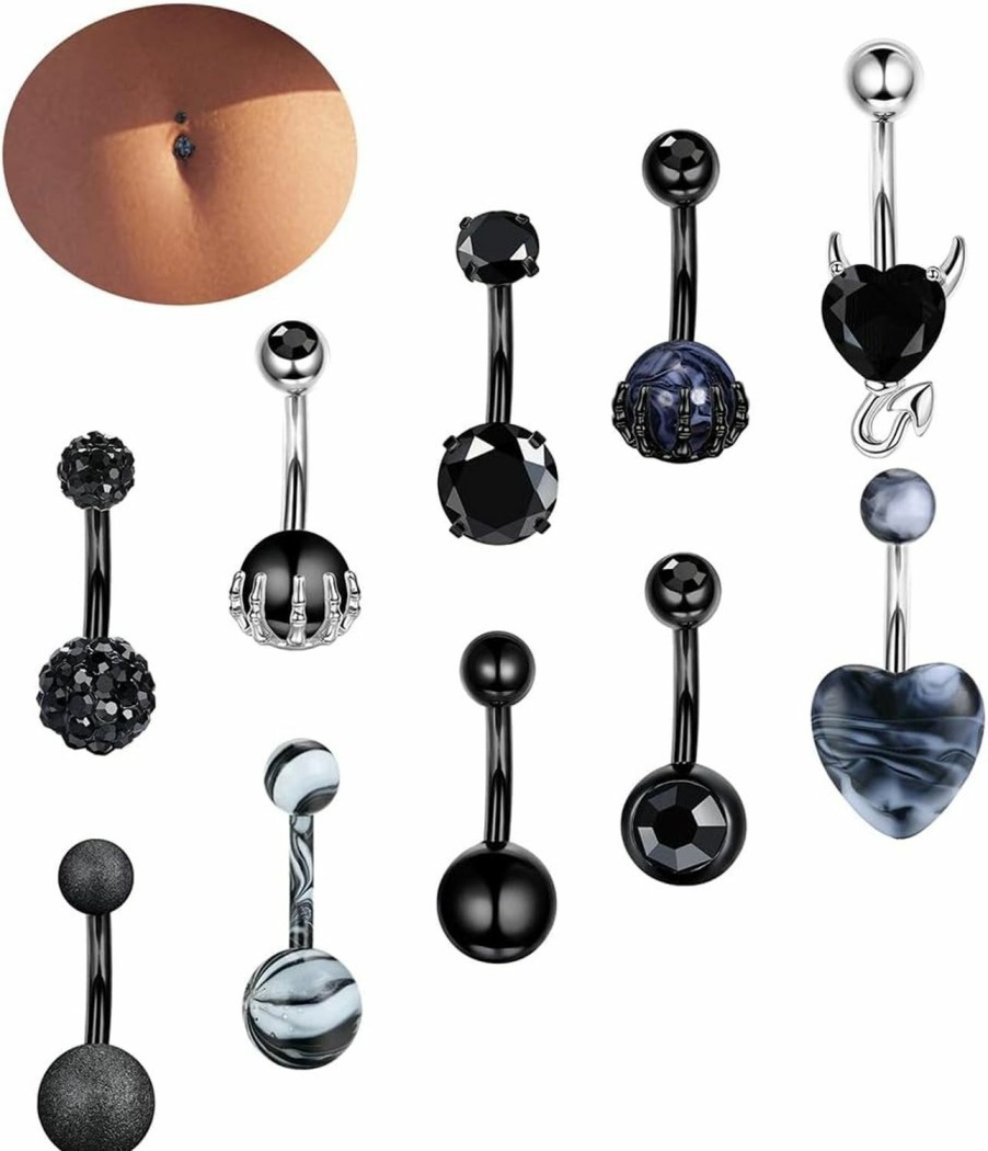 ZZHDCC Zzhdcc 14G Belly Button Rings 10Pcs Surgical Steel Black Belly Rings For Women Round Cz Belly Button Ring Curved Barbell Skull Hand With Opal Devil Heart Navel Rings Belly Piercing Jewelry Halloween | Body Piercing Barbells