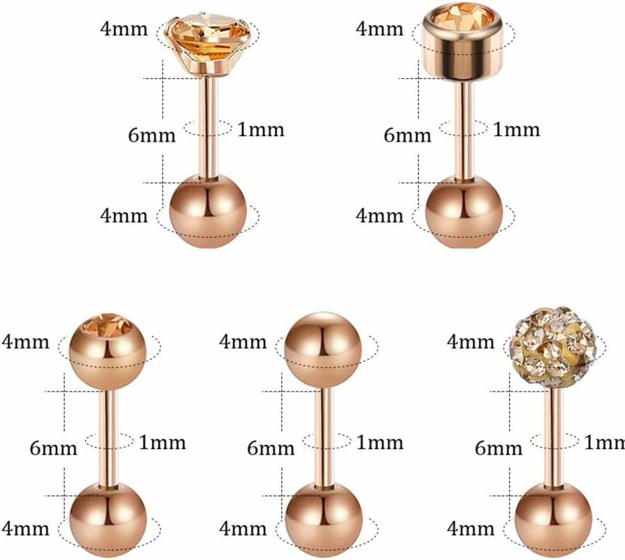 ZS 5 Pairs Ball Stud Earrings Stainless Steel 18G Barbell Gartilage Earrings Helix Earrings 4Mm Cz Ear Piercing Set | Body Piercing Barbells