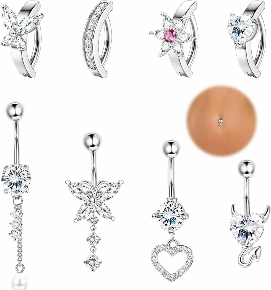 Subiceto Subiceto 8Pcs 14G Clicker Belly Button Ring For Women Surgical Steel Dangle Belly Button Rings Dangling Cz Belly Rings For Women Cute Heart Butterfly Navel Rings Belly Piercing Pack | Body Piercing Barbells