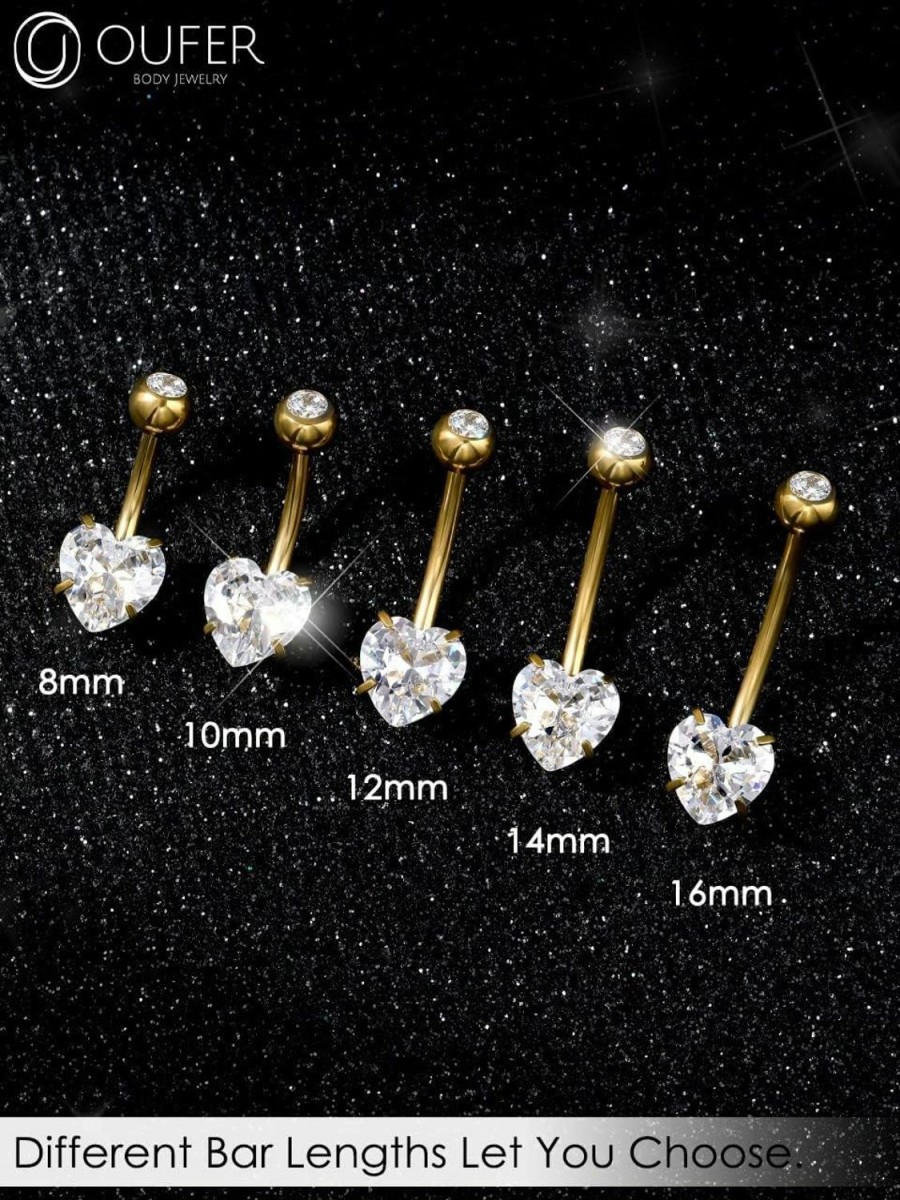 OUFER Oufer 14G Belly Rings, Belly Button Rings, G23 Solid Titanium Belly Piercing Jewelry, Heart Shaped Navel Piercing Jewelry, Belly Rings For Women Men | Body Piercing Barbells