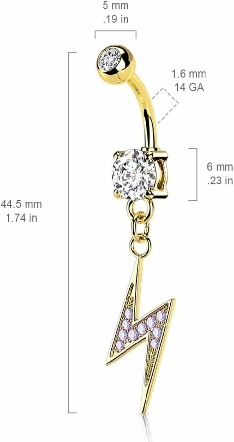 Pierced Owl Pierced Owl 14Ga Dangling Lightning Bolt Paved With Ab Cz On Double Jeweled 316L Surgical Stainless Steel Belly Button Ring (Clear) | Body Piercing Barbells