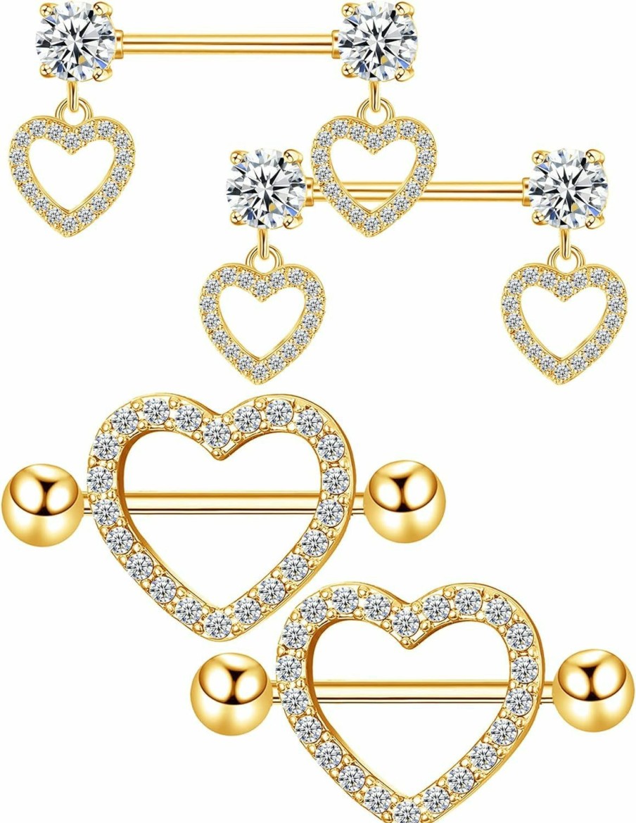 Staligue Staligue 2 Pairs Titanium Nipple Rings For Women 14G Nipple Piercing Heart Cz Barbell Body Nipple Piercing Jewelry | Body Piercing Barbells