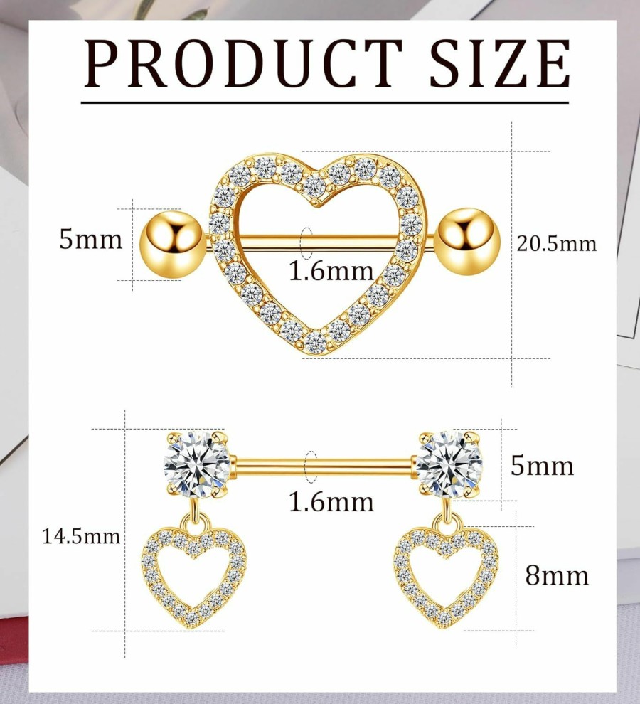 Staligue Staligue 2 Pairs Titanium Nipple Rings For Women 14G Nipple Piercing Heart Cz Barbell Body Nipple Piercing Jewelry | Body Piercing Barbells