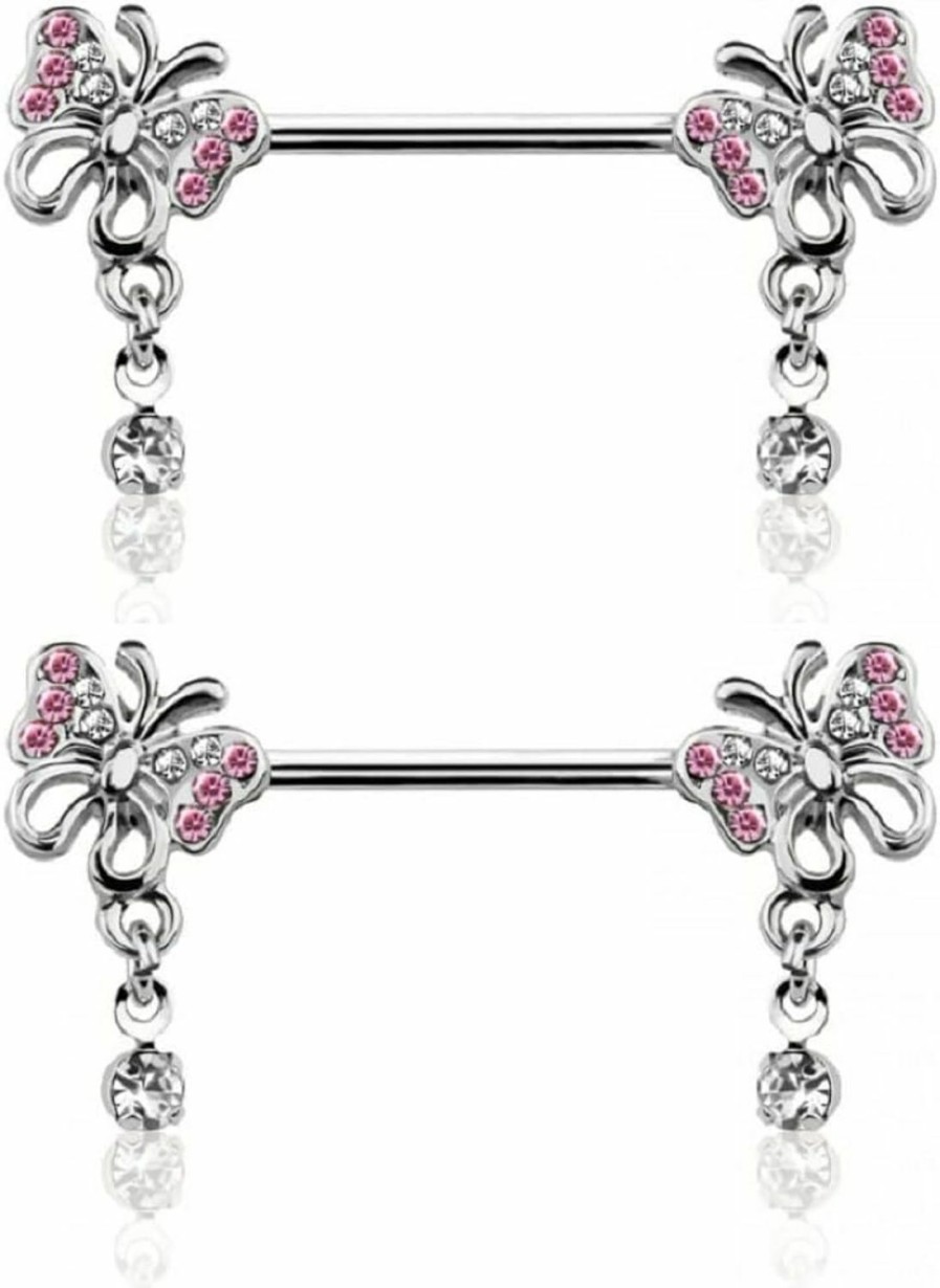 Pierced Owl Pierced Owl 14Ga 316L Stainless Steel Cz Crystal Paved Butterflies With Dangling Gems Nipple Barbells, Sold As A Pair | Body Piercing Barbells