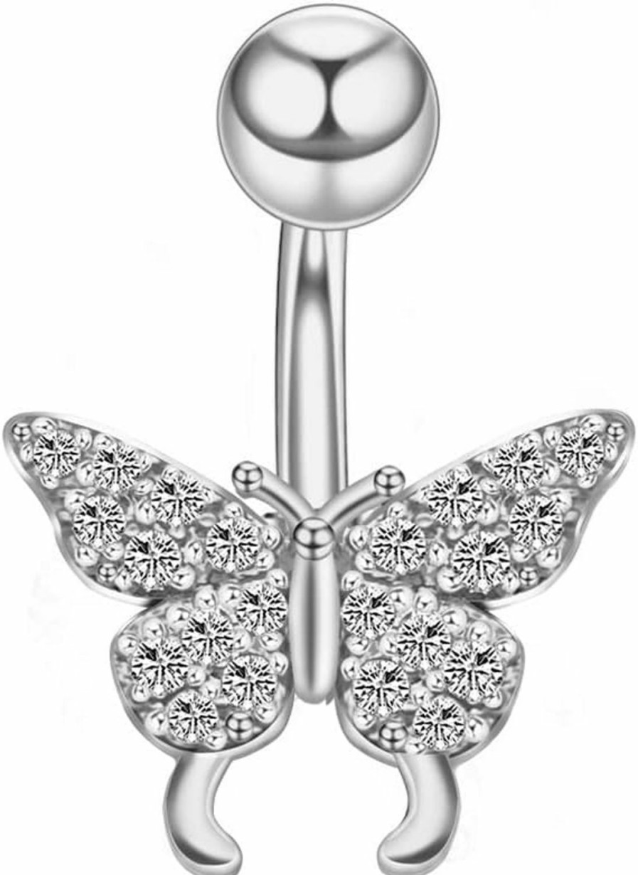 COLORFUL BLING Colorful Bling 14G Dangle Butterfly Belly Button Rings,Stainless Steel Belly Rings,925 Sterling Silver Cz Opal Belly Body Piercing Jewelry For Women | Body Piercing Barbells