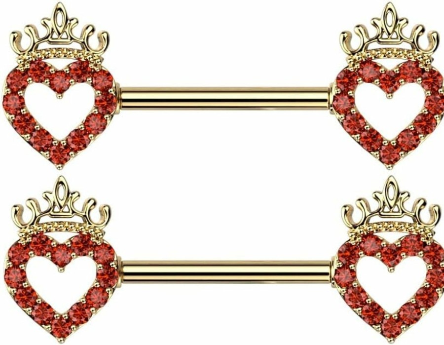 Pierced Owl Pierced Owl 14Ga 316L Stainless Steel Cz Crystal Paved Hollow Heart And Crown Nipple Barbells, Sold As A Pair | Body Piercing Barbells