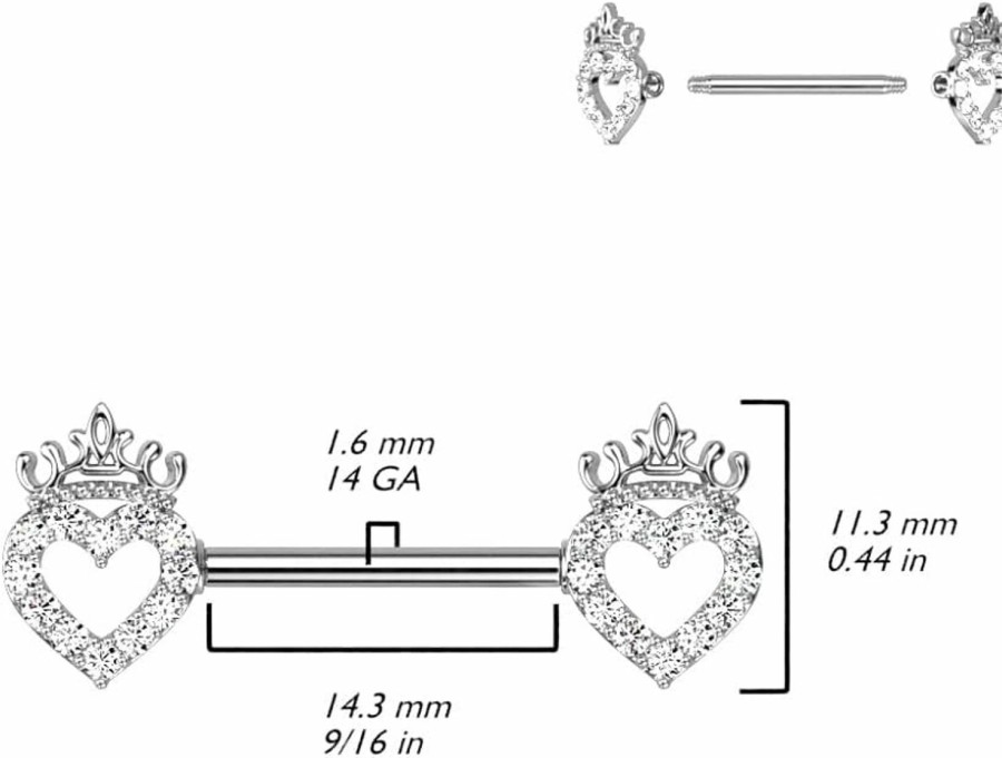 Pierced Owl Pierced Owl 14Ga 316L Stainless Steel Cz Crystal Paved Hollow Heart And Crown Nipple Barbells, Sold As A Pair | Body Piercing Barbells