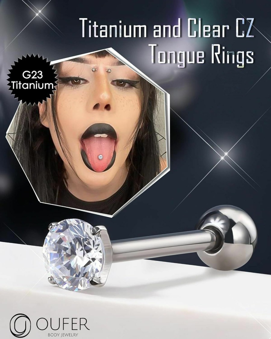 OUFER Oufer 14G Tongue Rings, Shiny Clear Cz Tongue Barbells, G23 Solid Titanium Tongue Piercing Jewelry, Nickel-Free Tongue Ring For Women Men | Body Piercing Barbells