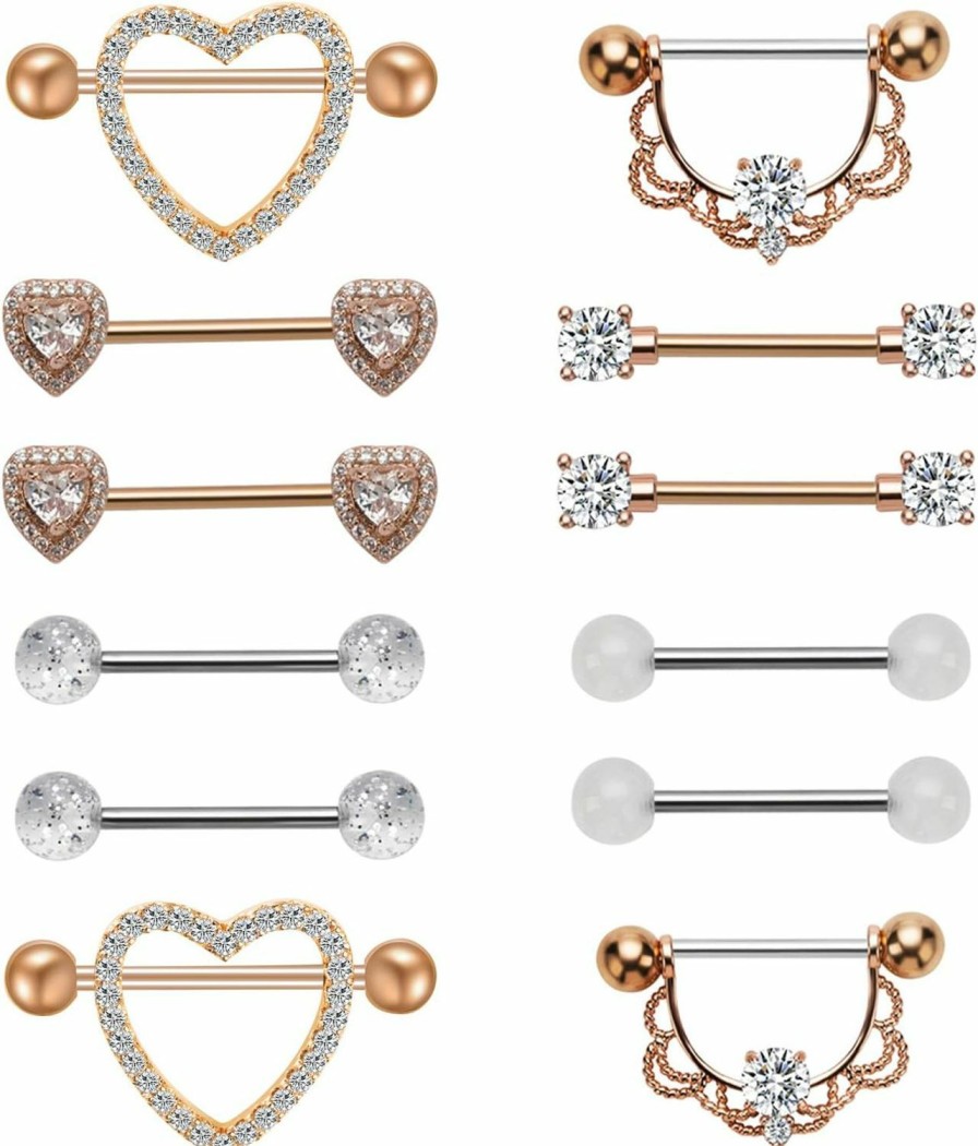 NASAMA Nasama Stainless Steel Acrylic Nipple Rings Tongue Ring Cz Barbell Heart-Shape Piercing Body Jewelry | Body Piercing Barbells