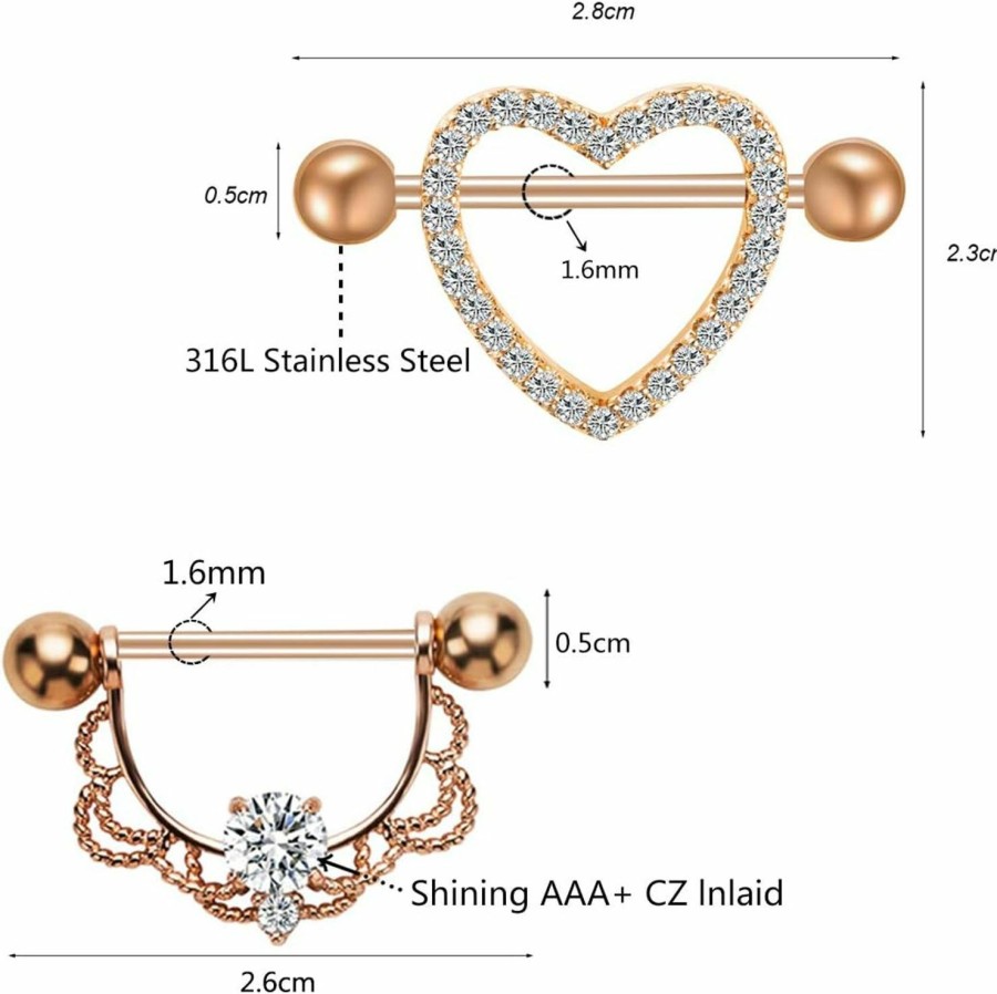 NASAMA Nasama Stainless Steel Acrylic Nipple Rings Tongue Ring Cz Barbell Heart-Shape Piercing Body Jewelry | Body Piercing Barbells