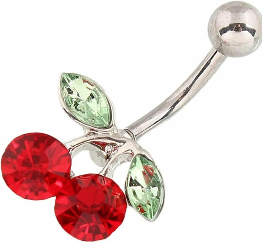 Lenacou Lenacou Cute Belly Button Rings 14G Surgical Steel Cherry Navel Barbell Stud Cz Body Piercing For Women Girls | Body Piercing Barbells