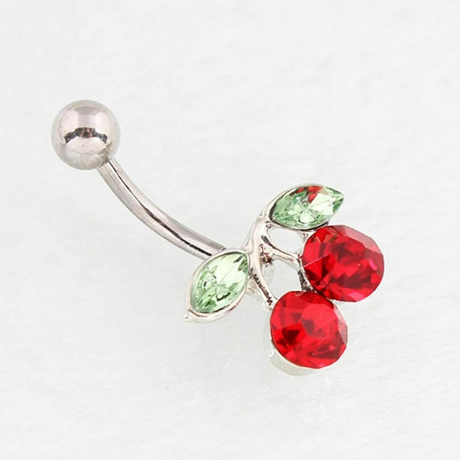 Lenacou Lenacou Cute Belly Button Rings 14G Surgical Steel Cherry Navel Barbell Stud Cz Body Piercing For Women Girls | Body Piercing Barbells