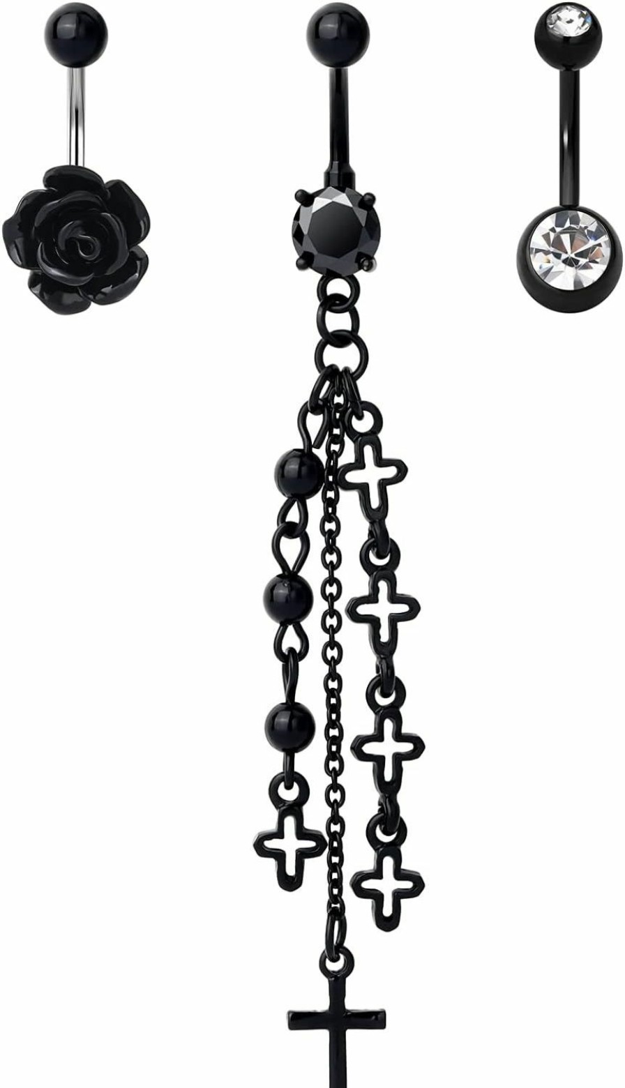 COCHARM Cocharm Black Dangle Belly Button Rings 14G Halloween Dangle Belly Button Rings Black Gothic Design | Body Piercing Barbells