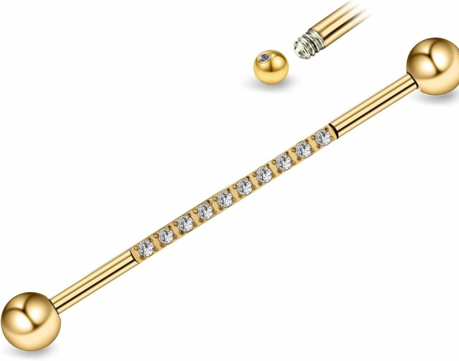 FINE4U Fine4U Gold Industrial Piercing Jewelry 14G 36Mm 38Mm 1Pc - Astm F136 Titanium Industrial Barbell, Industrial Earrings, Cartilage Body Piercing Jewelry With Cz | Body Piercing Barbells