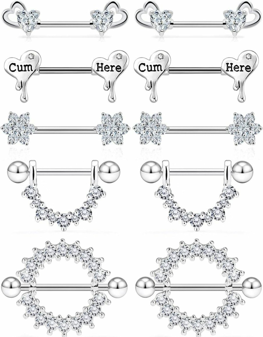 Ocptiy Ocptiy 14G Nipple Piercing Jewelry Tongue Rings 316L Surgical Steel Flower Heart Nipplerings Nipple Barbells Bars Piercings Jewelry For Women Cubic Zirconia 14Mm 9/16 Inch Length | Body Piercing Barbells