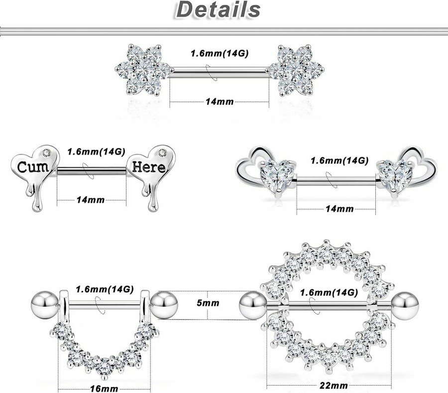 Ocptiy Ocptiy 14G Nipple Piercing Jewelry Tongue Rings 316L Surgical Steel Flower Heart Nipplerings Nipple Barbells Bars Piercings Jewelry For Women Cubic Zirconia 14Mm 9/16 Inch Length | Body Piercing Barbells