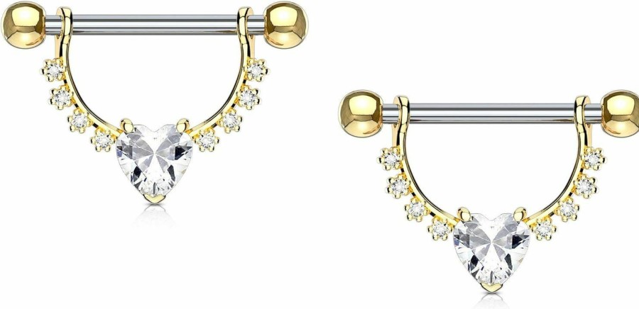 Forbidden Body Jewelry Forbidden Body Jewelry Pair Of Surgical Steel 1/2 Inch (12Mm) D-Ring Style Cz Heart Dangle Nipple Barbells | Body Piercing Barbells