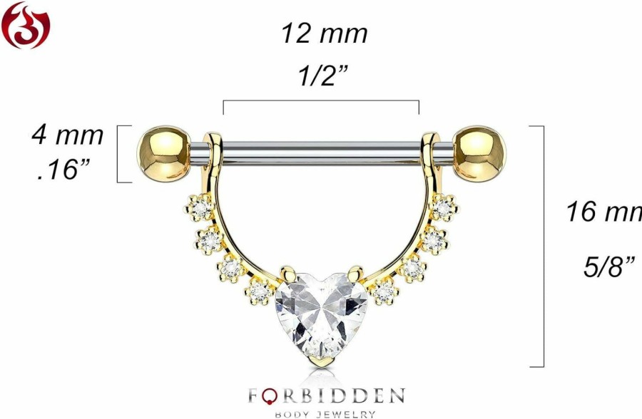 Forbidden Body Jewelry Forbidden Body Jewelry Pair Of Surgical Steel 1/2 Inch (12Mm) D-Ring Style Cz Heart Dangle Nipple Barbells | Body Piercing Barbells