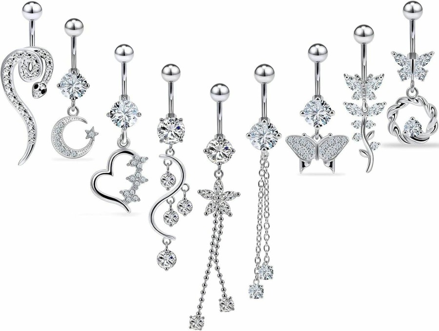 Vsnnsns Vsnnsns 14G Belly Button Rings Belly Rings For Women Stainless Steel Belly Piercing Jewelry Surgical Steel Dangle Belly Button Rings Curved Navel Ring Barbell Cz Body Jewelry Piercing 9 Pcs | Body Piercing Barbells