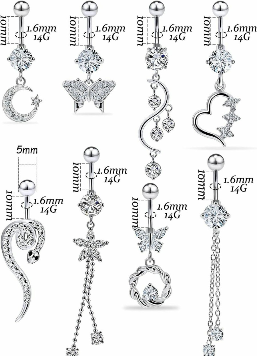 Vsnnsns Vsnnsns 14G Belly Button Rings Belly Rings For Women Stainless Steel Belly Piercing Jewelry Surgical Steel Dangle Belly Button Rings Curved Navel Ring Barbell Cz Body Jewelry Piercing 9 Pcs | Body Piercing Barbells