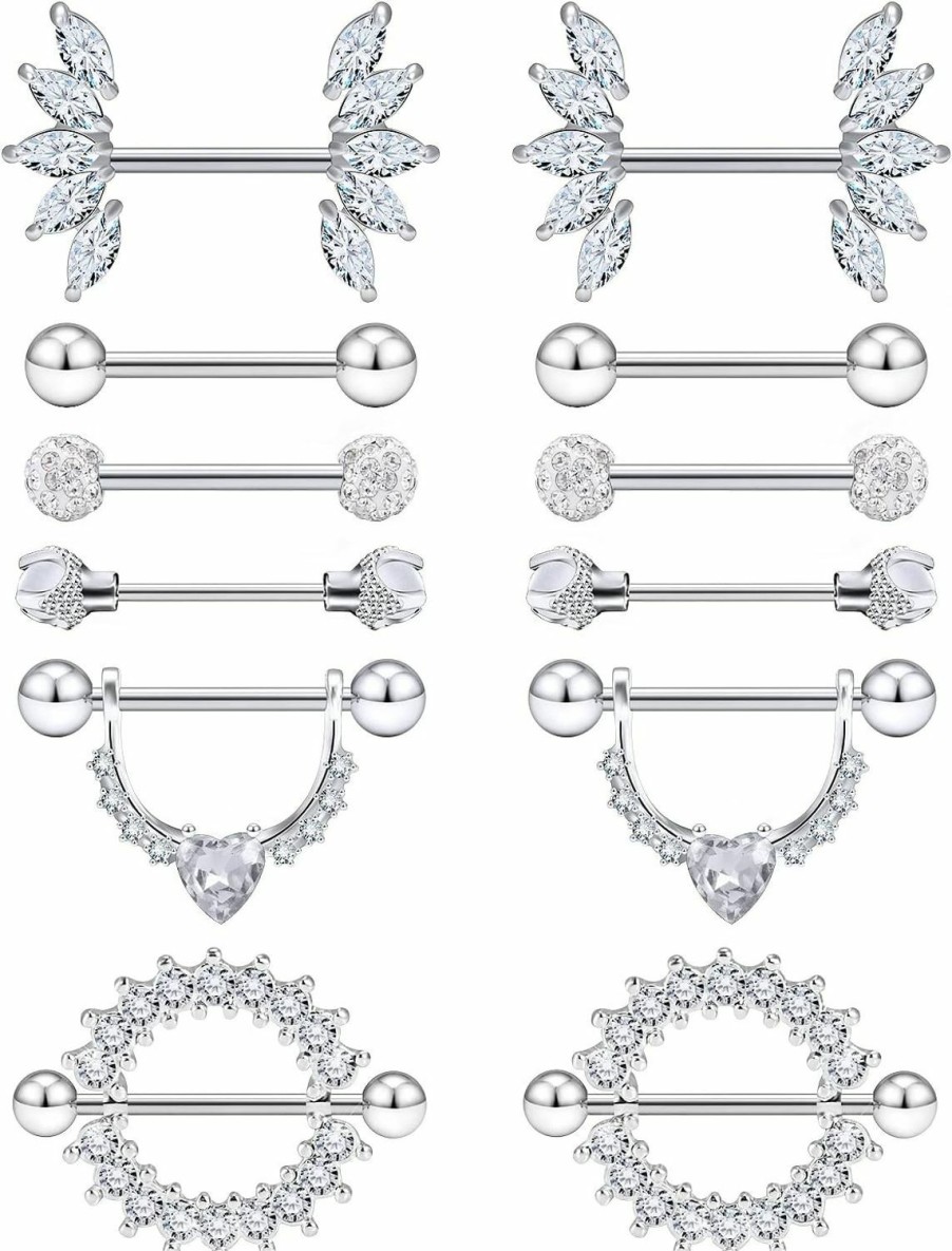 Lcolyoli Lcolyoli 14G Surgical Steel Nipple Rings Nipple Shield Barbell Ring Bar Nipple Piercing Jewelry For Women Clear Diamond Cz Set | Body Piercing Barbells