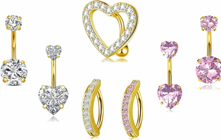 ShinyStyle J4You Shinystyle J4You 7 Pcs Pink Heart Belly Button Ring For Women Surgical Stainless Steel Pink Belly Rings Belly Button Piercing Clicker Belly Piercings Navel Piercings | Body Piercing Barbells