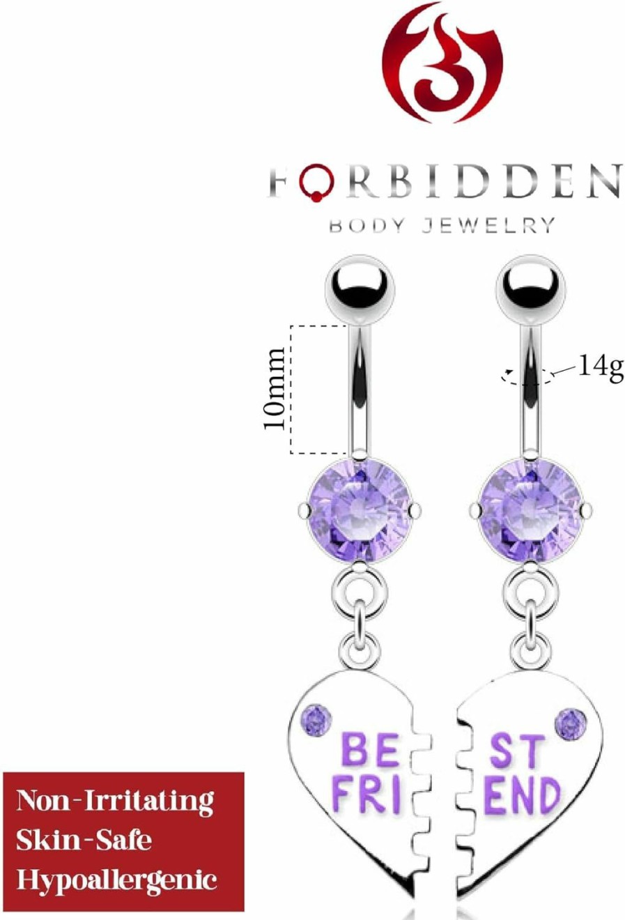 Forbidden Body Jewelry Forbidden Body Jewelry Surgical Steel Set Of Best Friend Matching Purple Gem Dangle Heart Belly Button Rings | Body Piercing Barbells