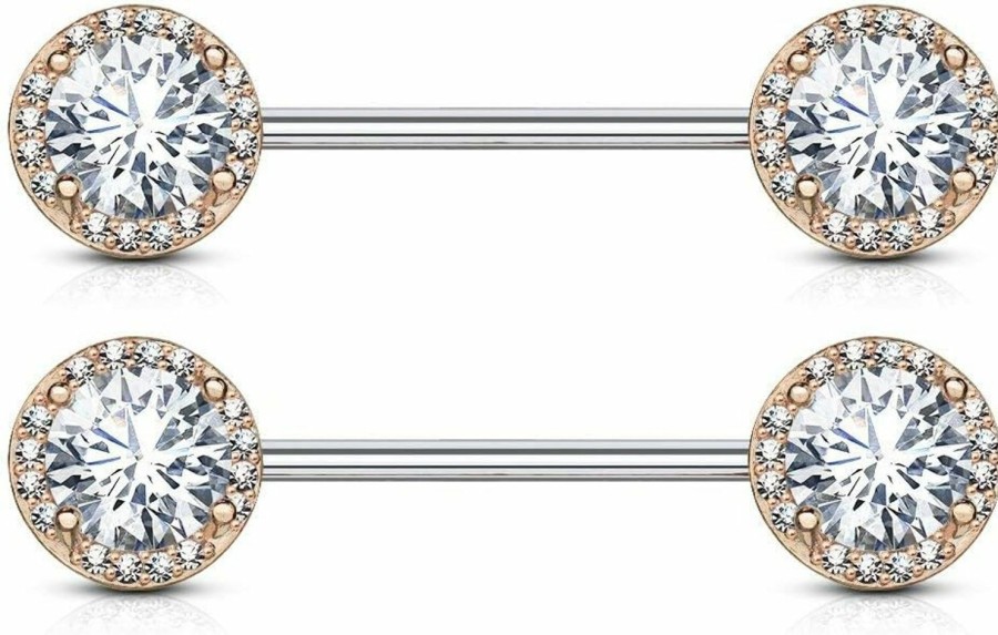 Forbidden Body Jewelry Forbidden Body Jewelry Fancy Cz Halo Frame Surgical Steel Nipple Barbells Set | Body Piercing Barbells