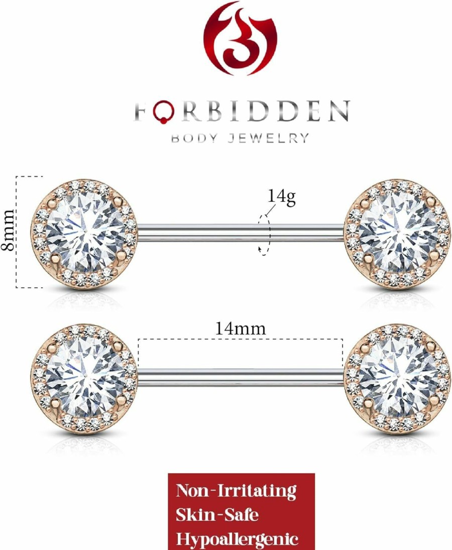 Forbidden Body Jewelry Forbidden Body Jewelry Fancy Cz Halo Frame Surgical Steel Nipple Barbells Set | Body Piercing Barbells