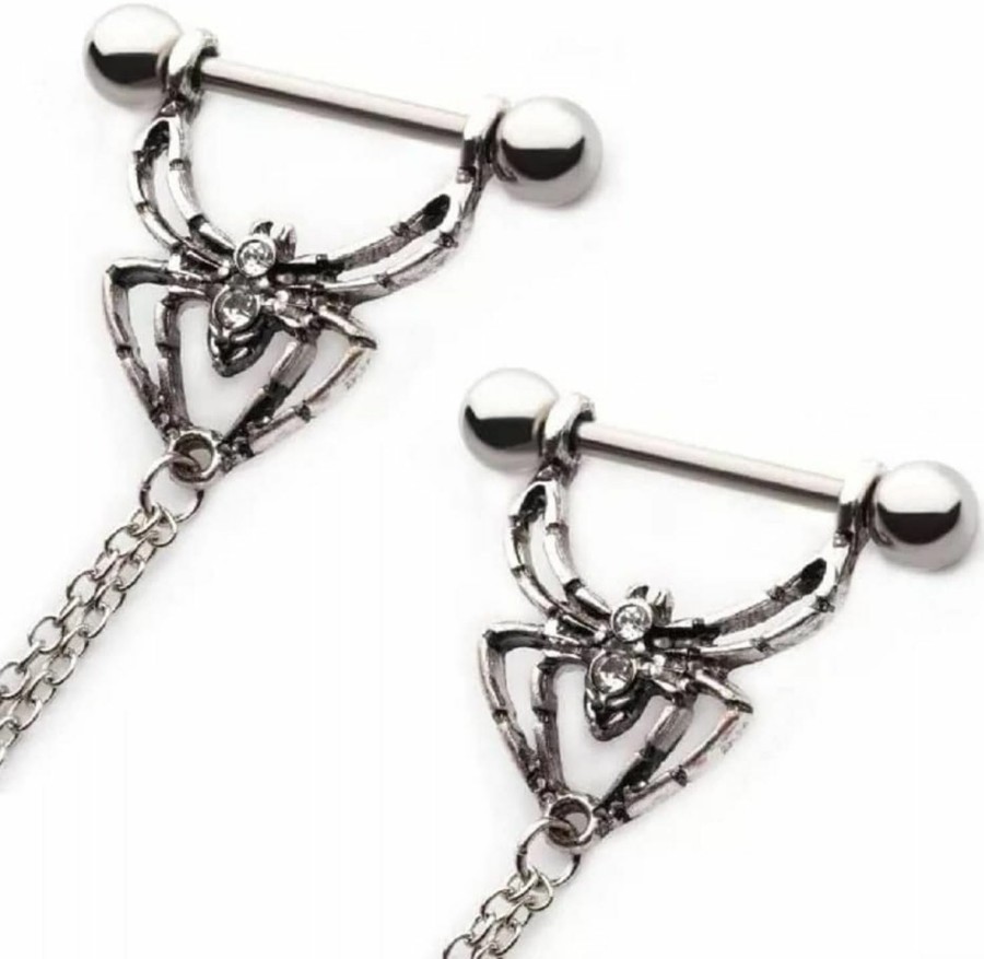 Pierced Owl 14Ga 316L Stainless Steel Double Chain Connecting Cz Crystal Spider Nipple Piercing Barbells | Body Piercing Barbells