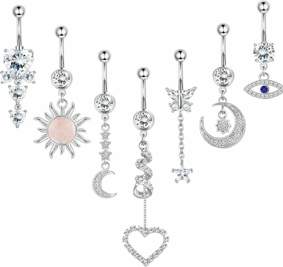 CASSIECA Cassieca 14G Heart Belly Button Rings For Womens Stainless Steel Dangle Belly Ring Piercing, Cute Navel Ring Barbell Body Piercing Jewelry | Body Piercing Barbells