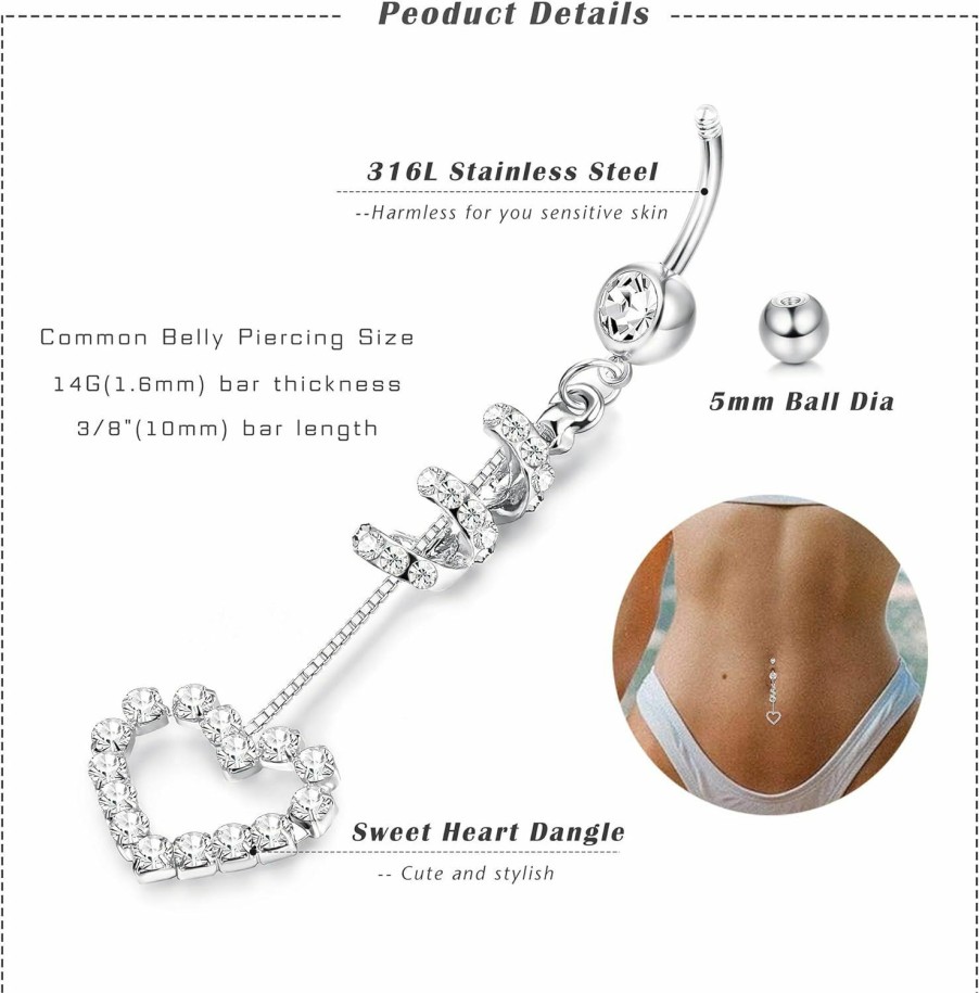 CASSIECA Cassieca 14G Heart Belly Button Rings For Womens Stainless Steel Dangle Belly Ring Piercing, Cute Navel Ring Barbell Body Piercing Jewelry | Body Piercing Barbells