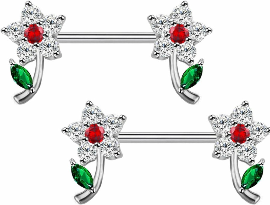 CHARMONLINE Charmonline 14G Flower Nipple Rings For Women Girls Surgical Steel Cubic Zircon Cute Flowers Petal Nipple Studs Straight Bar Barbell Nipple Rings Body Piercing Jewelry | Body Piercing Barbells