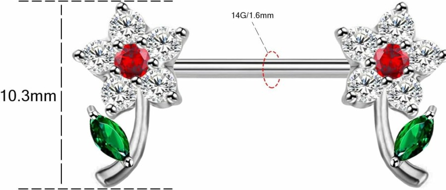 CHARMONLINE Charmonline 14G Flower Nipple Rings For Women Girls Surgical Steel Cubic Zircon Cute Flowers Petal Nipple Studs Straight Bar Barbell Nipple Rings Body Piercing Jewelry | Body Piercing Barbells