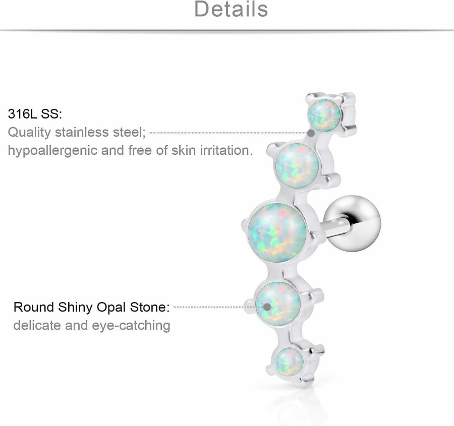 SCERRING Scerring 8Pcs 16G Stainless Steel Helix Daith Cartilage Tragus Earrings Barbell Rings Stud Body Piercing Jewelry Opal Clear Cz Bar Length 6Mm | Body Piercing Barbells