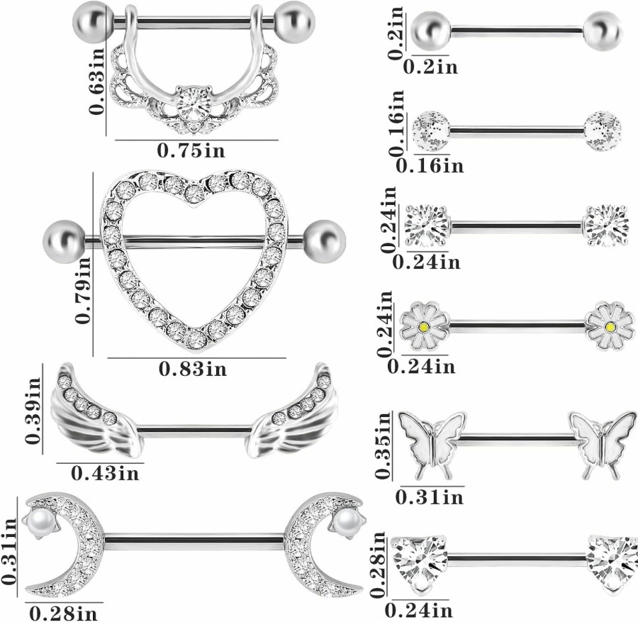 NEWITIN Newitin 10 Pairs 14G Nipple Rings For Women Hypoallergenic Nipple Piercing Surgical Steel Nipple Rings Cubic Zirconia Barbell Body Nipple Piercing Jewelry For Women | Body Piercing Barbells