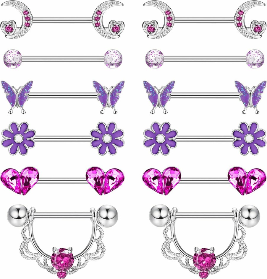 Florideco Florideco 6 Pairs 14G Nipple Rings For Women Heart Butterfly Moon Cz Flower Barbell Nipple Rings 316L Stainless Steel Nipple Piercing Jewelry | Body Piercing Barbells